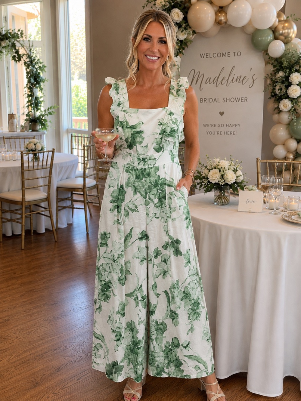 Taylor White Jumpsuit with Green Floral Print and Ruffle Straps